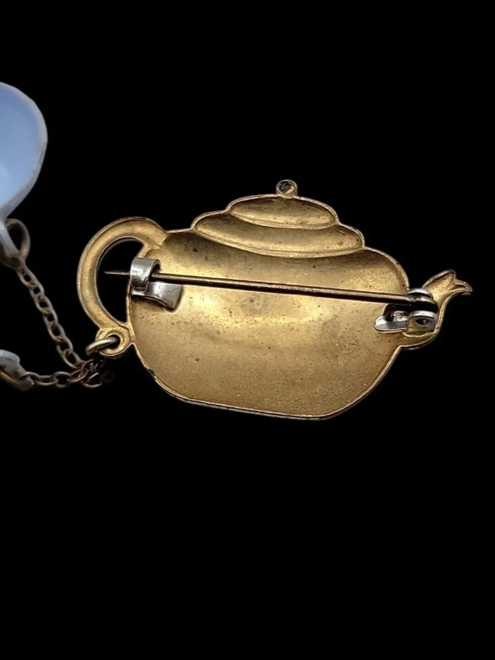 Antique T-4-2 Celluloid Brooch Teapot w/Dangling Teacups Blue Gold Tone C-Clasp